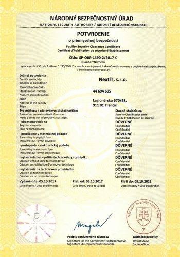 Potvrdenie o priemyselnej bezpečnosti - NBÚ